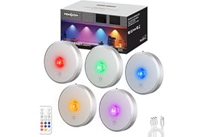 MICLIONLED RGB Puck Lights with Remote Control, 2000mAh Battery Operated Tap Lights Rechargeable, 9 Colors & 2 Dynamic Changing Under Cabinet Lighting, Magnetic Stick on Light for Closet(Silver, 5 Pack)