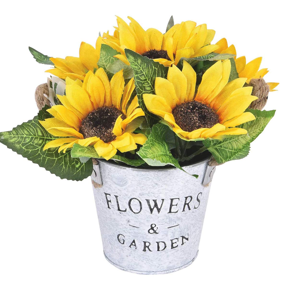 Leixi Artificial Sunflowers with Pot, Artificial Flowers in Metal Potted, Artificial Sunflower Bouquet with Vase for Wedding Party Stage Centerpieces Windowsill Decor (Yellow)