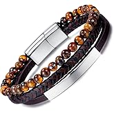 Felicelia Mens Leather Bracelet Bangle Tiger Eye Stone Beads Braided Genuine Brown Leather Bracelet for Men Vintage Jewelry