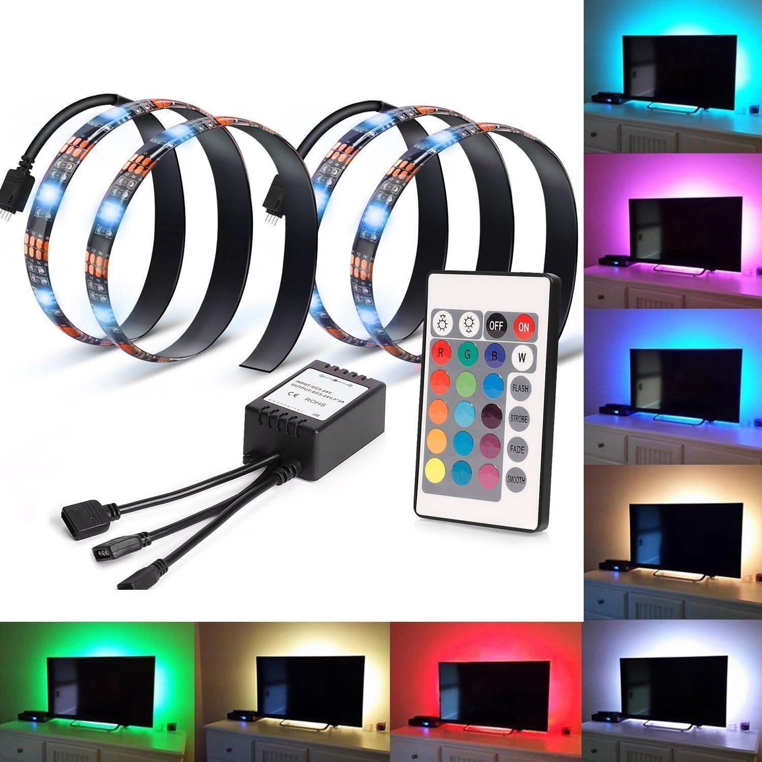 Feican 16.4ft RGB SMD5050 Waterproof LED Strip -Bluetooth LED RGB Controller With 24keys IR Remote control -12V 5A Power Adapter Flexible Led Light Home Decoration Lamps (0.5m bias light)