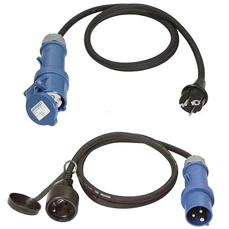 2er SET Campingstromadapter 16A CEE blau - Schuko 230V ** (1,5 METER Kabel H07RN-F 2,5mm²) ** EU Stromverteiler Campingadapte