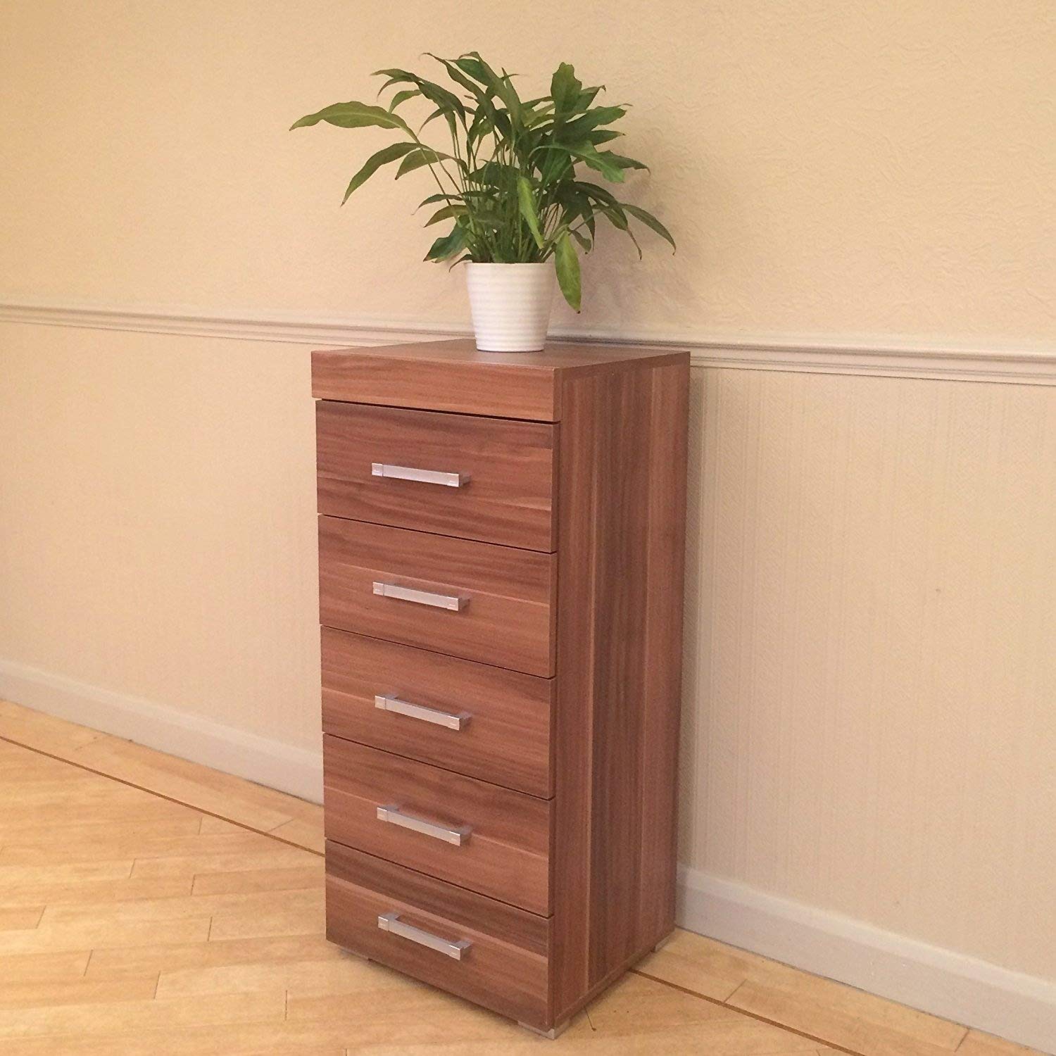 Drp Trading Walnut Effect Tall Boy Chest Of 5 Drawers Bedroom