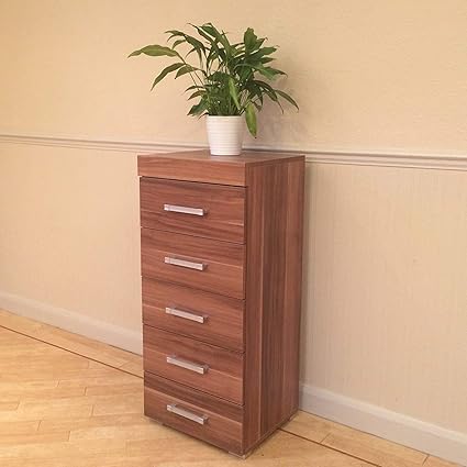 Drp Trading Walnut Effect Tall Boy Chest Of 5 Drawers Bedroom