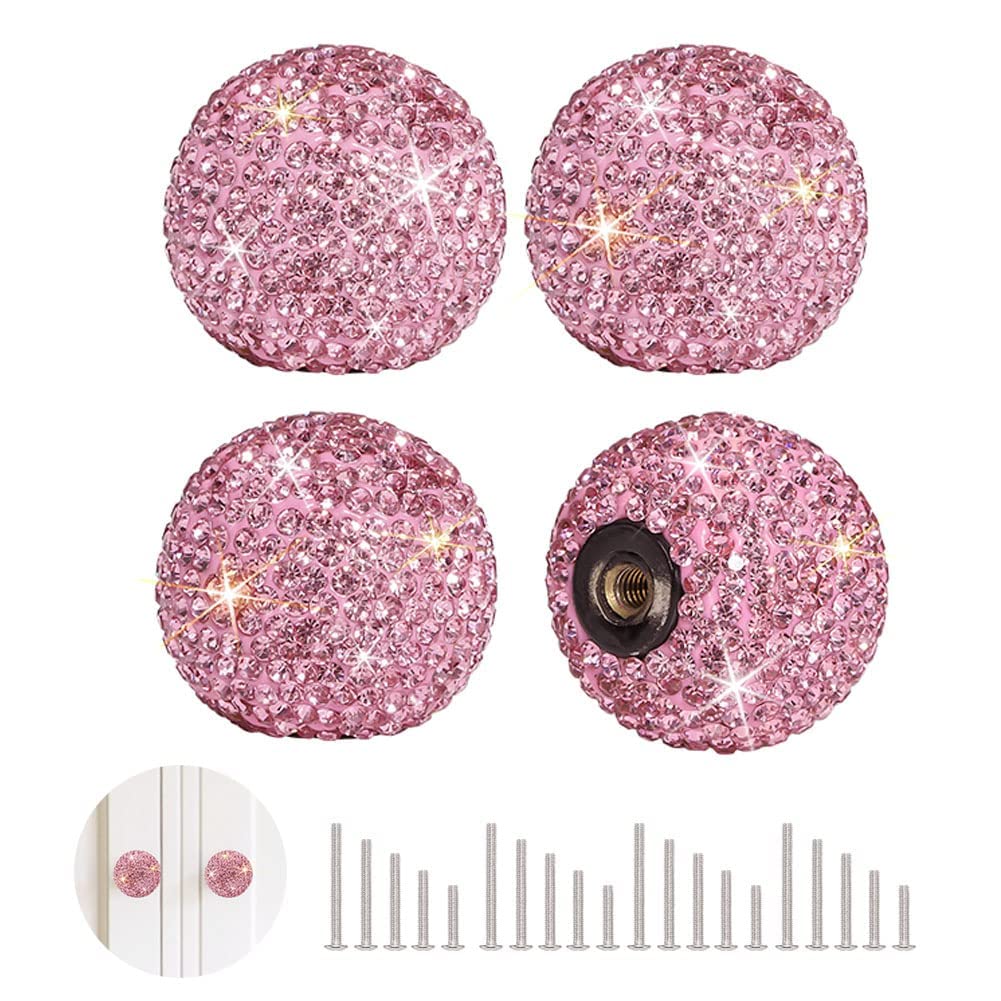 SAVORI Crystal Knobs Rhinestone Bling Cabinet Door Drawer Knob Kitchen Dresser Wardrobe Pull Handles with Screws for Home Kitchen Office Decoration 4PCS (Pink)