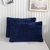 XeGe Faux Fur Throw Pillow Cases, Plush Shaggy Ultra Soft Pillow Covers, Fluffy Crystal Velvet Decorative Pillowcases, Furry Fuzzy Pillow Shams Zipper Closure, Set of 2(Standard, Navy Blue)