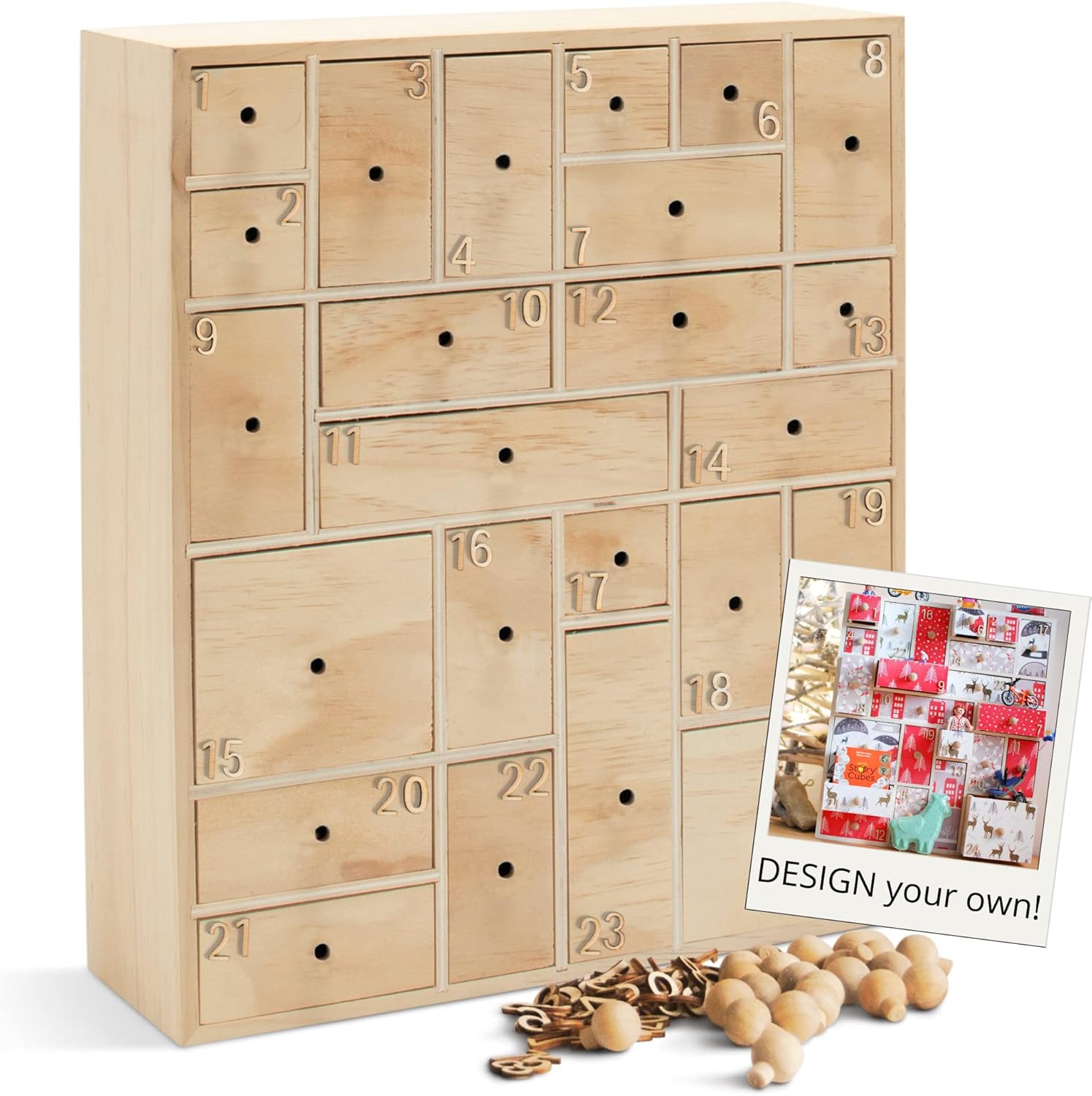 Advent Calendars - HYGGEHAUS DIY Advent Calendar - Reusable Wooden Advent for Christmas Countdown | Refillable & Empty Advent Boxes to Fill with Number Embellishments | Knobs Detached - Comes Fully Assembled in Gift Box