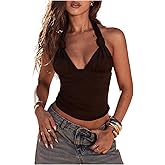 SOLY HUX Women's Halter Deep V Neck Crop Tank Top Backless Tie Back Going Out Tops Clubwear Vacation Outfits