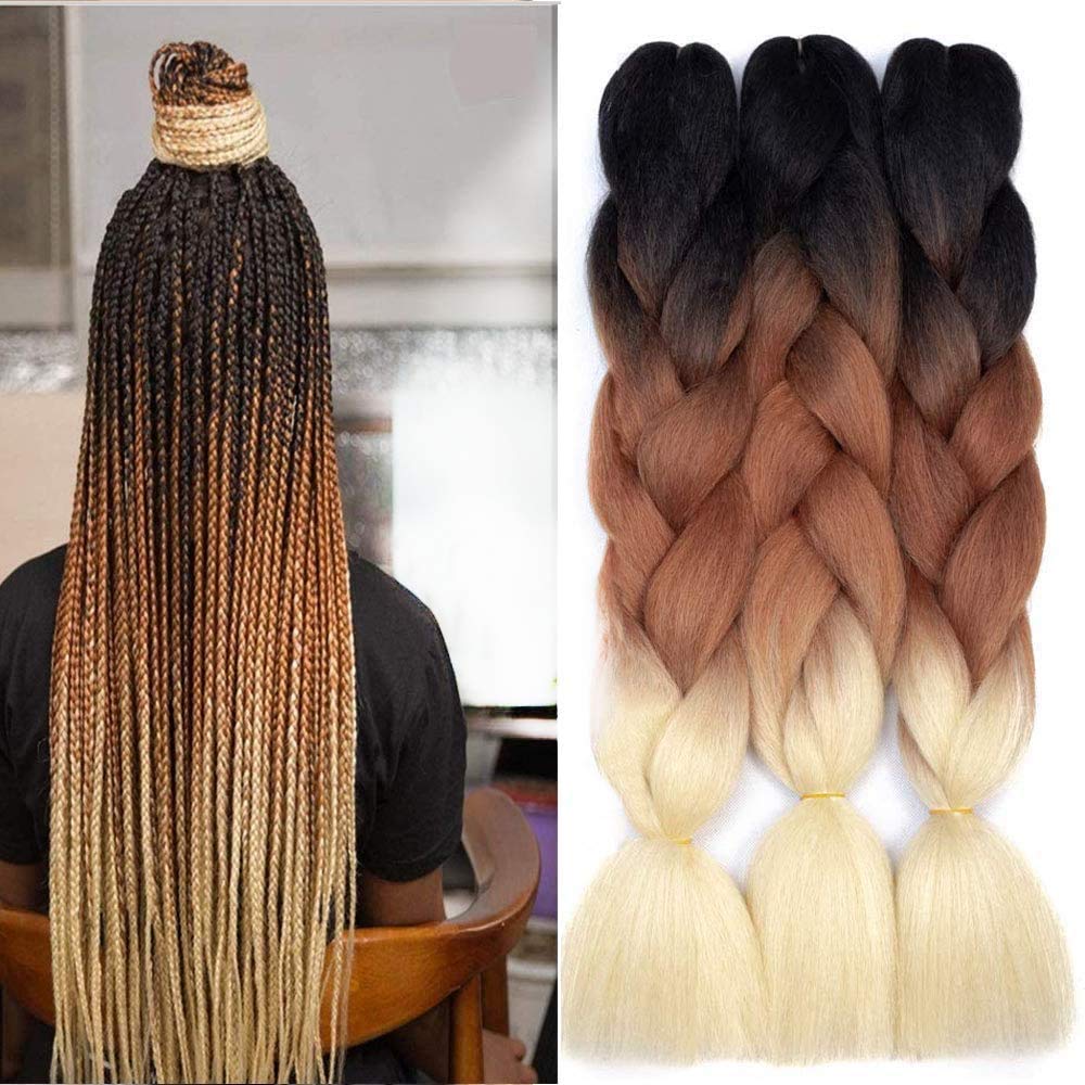 FANWYFYU Ombre Braiding Hair Extensions, 3Pack/Lot High Temperature Synthetic 24inch Pre Stretched Braiding Hair, for Box Braids (Black-Brown-Blonde)
