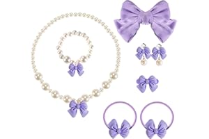 Klorify Handmade Bow Pearl Kids Jewelry for Little Girls Toddler Set of 8 pcs - Hair Bows Clips Ties - Stretch Necklace Bracelets Rings and Clip on Earrings - Cute Princess Dress Up Gifts