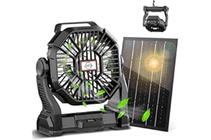 CONBOLA Solar Fans for Outside,Camping Fan, Portable Fans Rechargeable 9-Inch Battery Powered (180Hrs) LED Lantern, USB C Battery Beach Fan.
