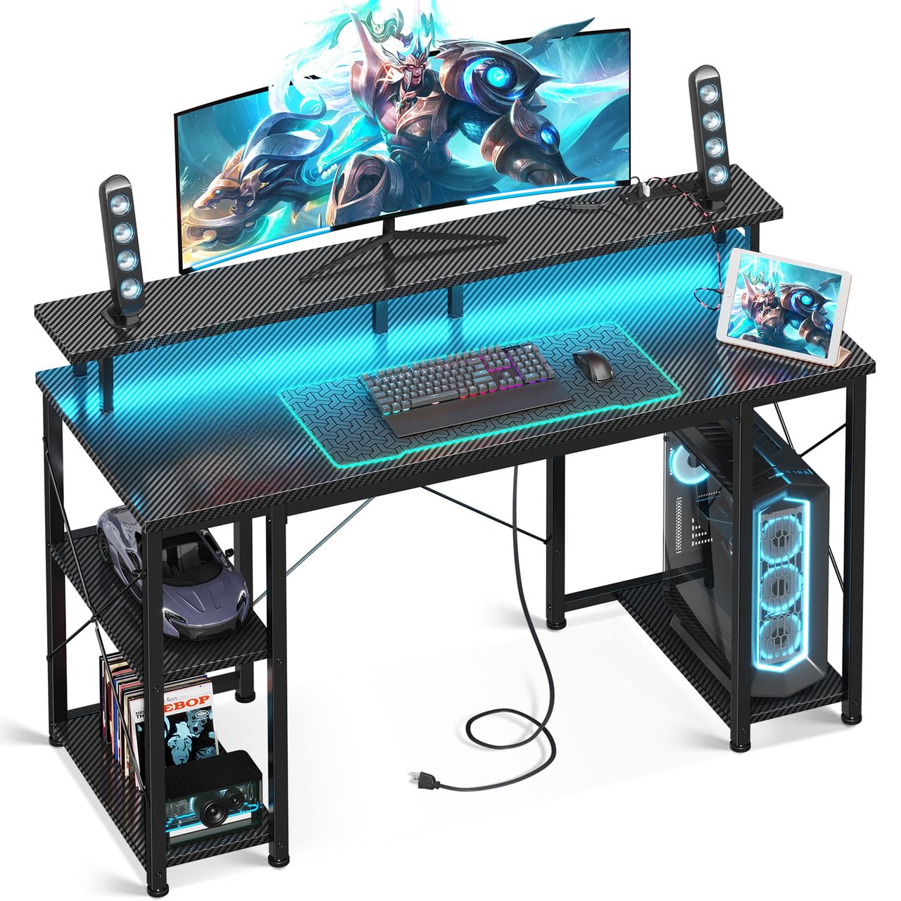 ODK 48 inch Computer Desk with Power Outlets & LED Lights, Gaming Desk with Monitor Stand & Storage Sheves, Home Office Desk, Carbon Fiber Black Image