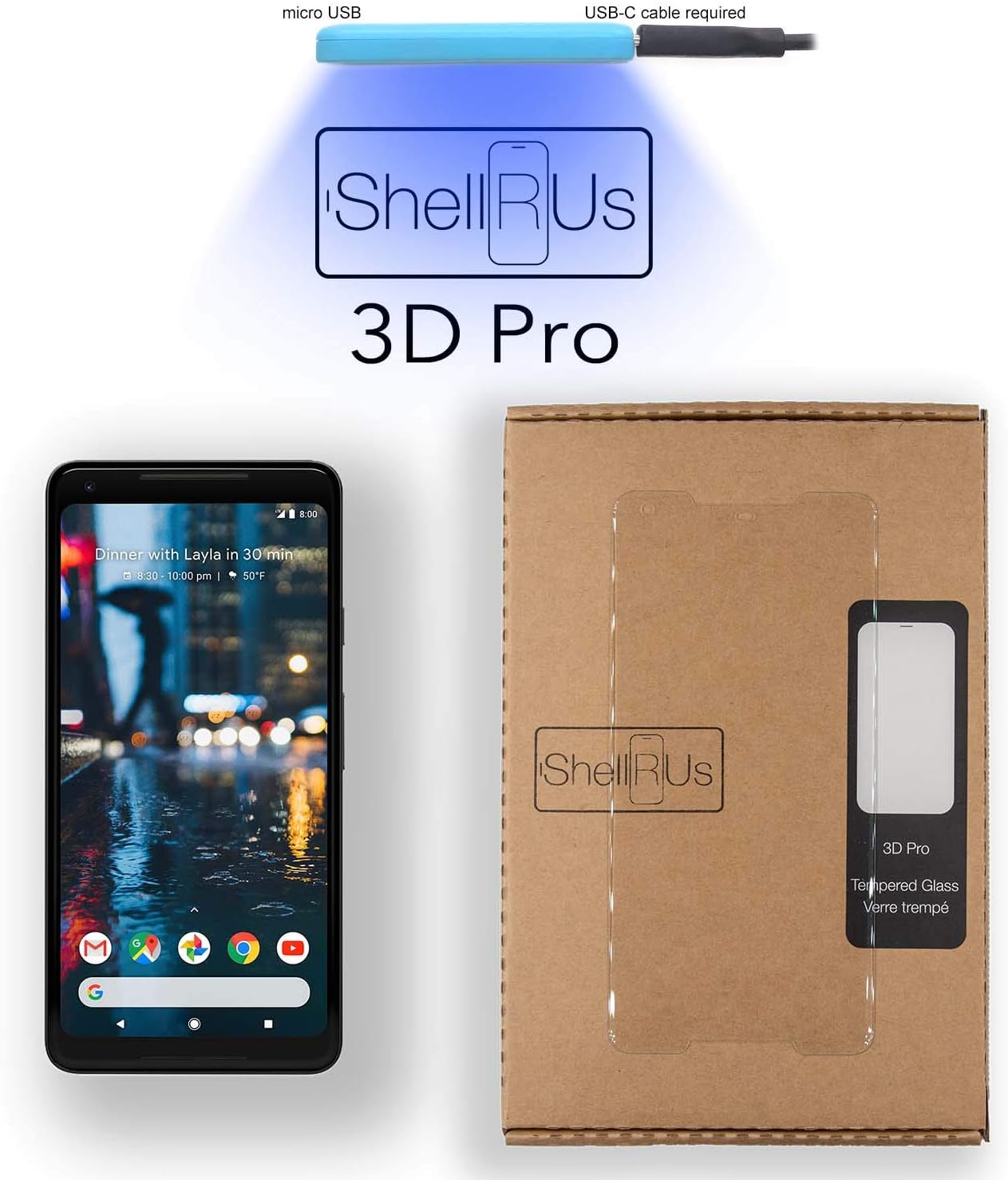 Pixel 2 XL Screen Protector [Shellrus 3D Pro] Full Glue 3D Curved Edge Tempered Glass Screen Protector [UV Cure JellyGlue] DIY Kit for Google Pixel 2 XL, Fix Scratches