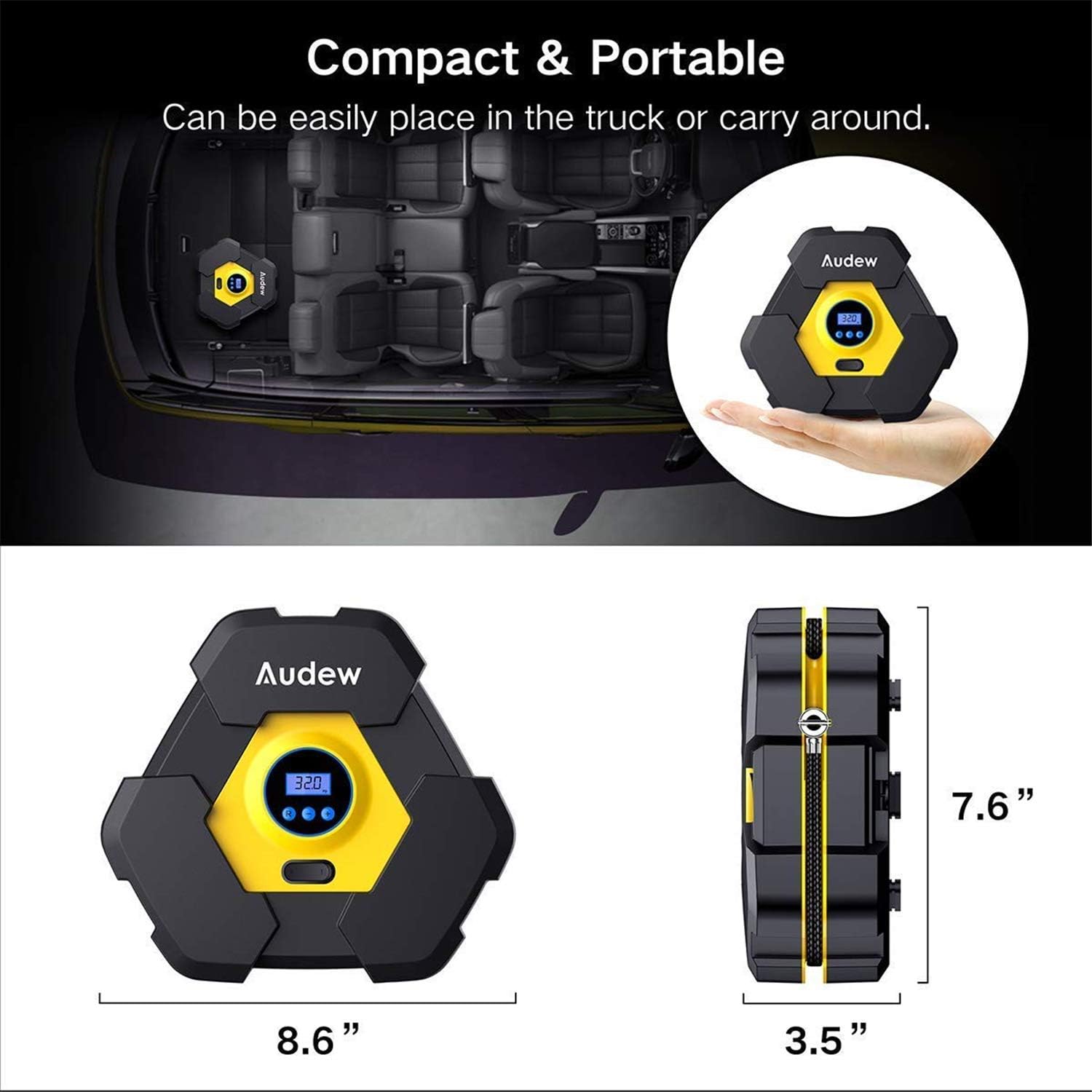 Audew Portable Air Compressor Tire Inflator with Gauge, Auto Digital Air Pump for Car Tires with Extra LED Light, DC 12V 150 PSI Tire Pump for Car,Bicycle,Motorcycle,Basketball,Pool Toys: Automotive