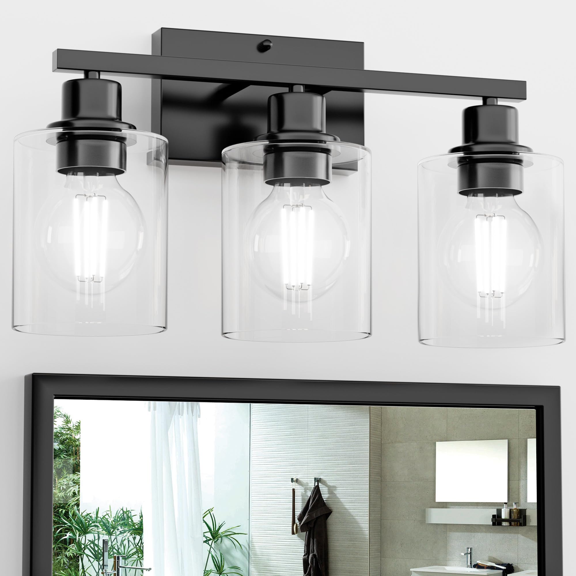 Photo 1 of Black Bathroom Lights Over Mirror, Anti-Rust 3-Light Vanity Lighting Fixture for Bathroom, Modern 18Inches Wall Sconce Light for Living Room, Standard E26 Base, Clear Glass Shades, Bulbs Not Included