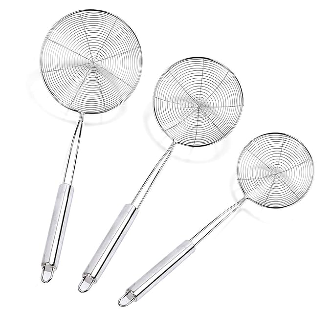 Cymax Upgrade 3 Stück Edelstahl Stahl Net Sieb Schöpfkelle Sieb Schaumlöffel Küche Geschirr mit Hängen Loch, 12cm,16cm and 20