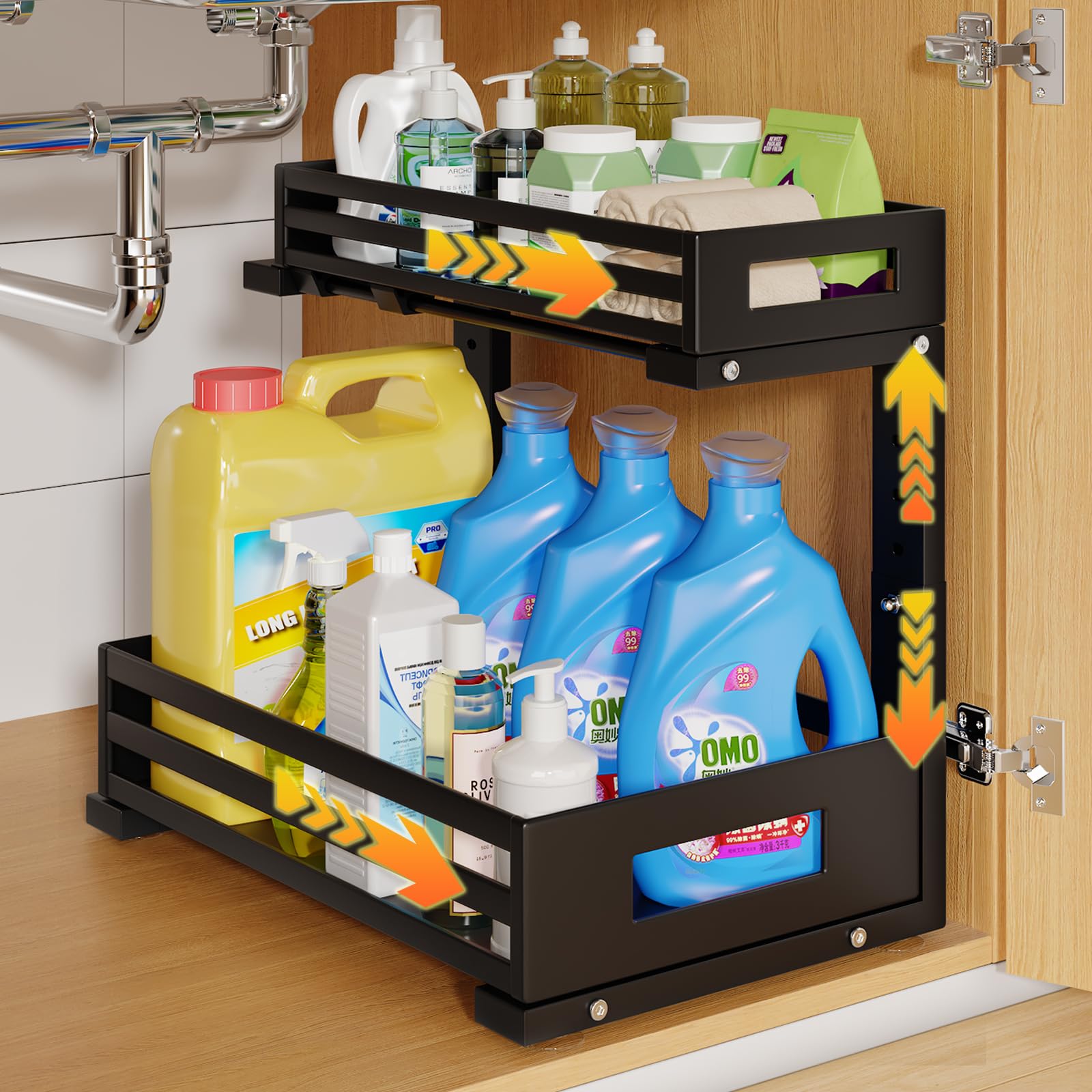 Photo 1 of 1-Pack Under Sink Organizers and Storage,2-Tier L Shape Pull Out Cabinet Organizer With Round Tube Slide Rails,Hight Adjustable Slide Out Drawers for Kitchen&Bathroom,Multi-Purpose Storage Shelf-Black