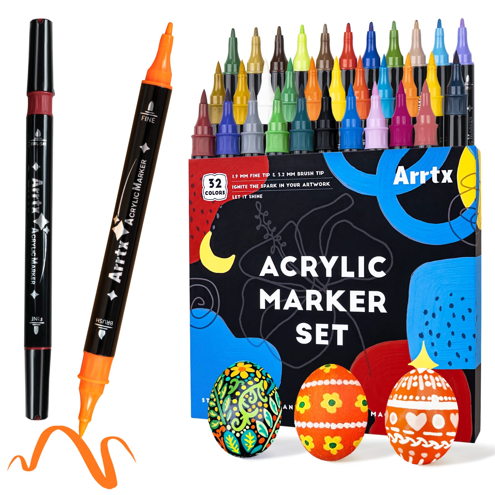 Arrtx Acrylstifte für Steine Bemalen, 32 Farben Marker Dual-Tip-Pinsel und feine Spitze, Permanent Acrylmarker für malerei, Keramik, Glas, Holz, Metall, Leinwand, DIY Fotoalbum 8