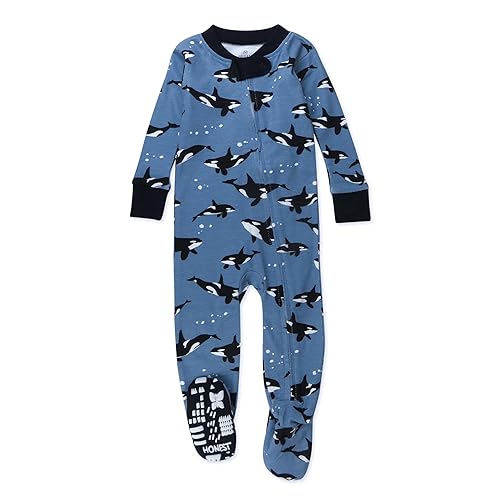 HonestBaby Non-Slip Footed Pajamas One-Piece Sleeper Zip-Front Pjs 100% Organic Cotton for Baby Boys, Whales, 24 Months