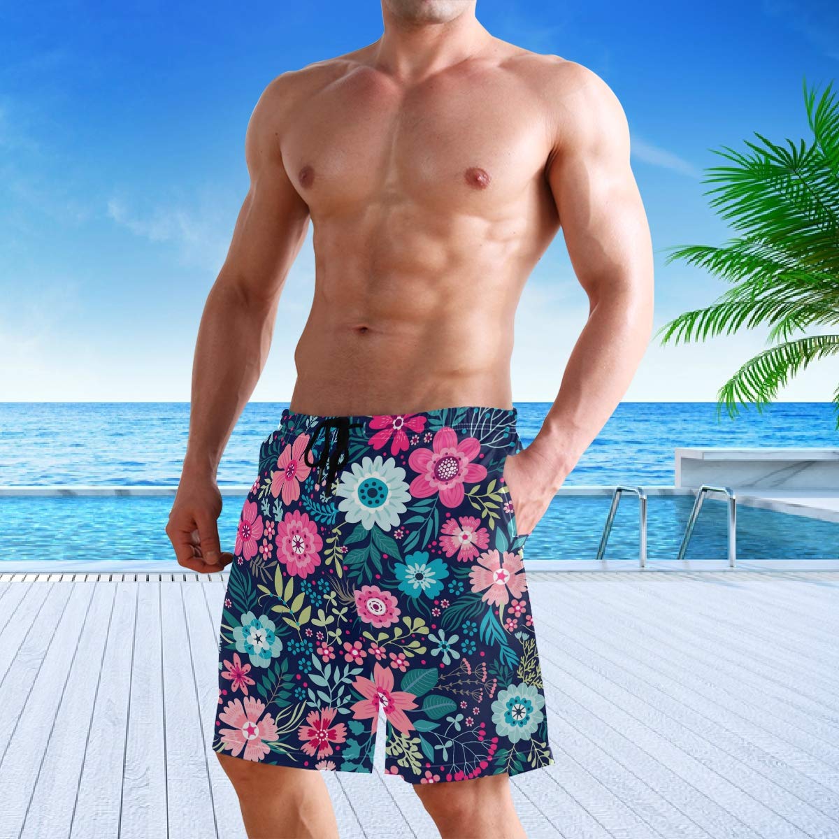 visesunny Men's Colorful Flower Print Beach Shorts