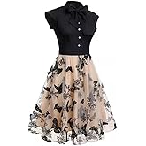 AlkYutd Women's Retro 1950s Cocktail Dress Bow Tie Neck A Line Butterfly Embroidery Midi Dress