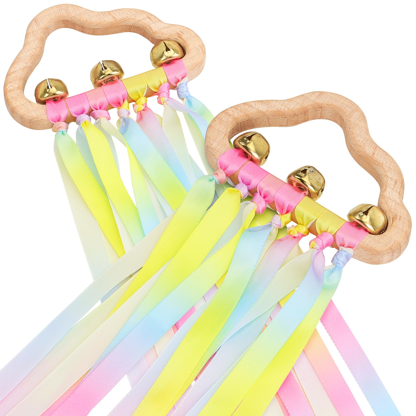 Rainbow Ribbon Sensory Teething Toys - 2 Pack Rattle Toys for Babies (6-24 Months) - Wooden Gradient Rainbow — image 1