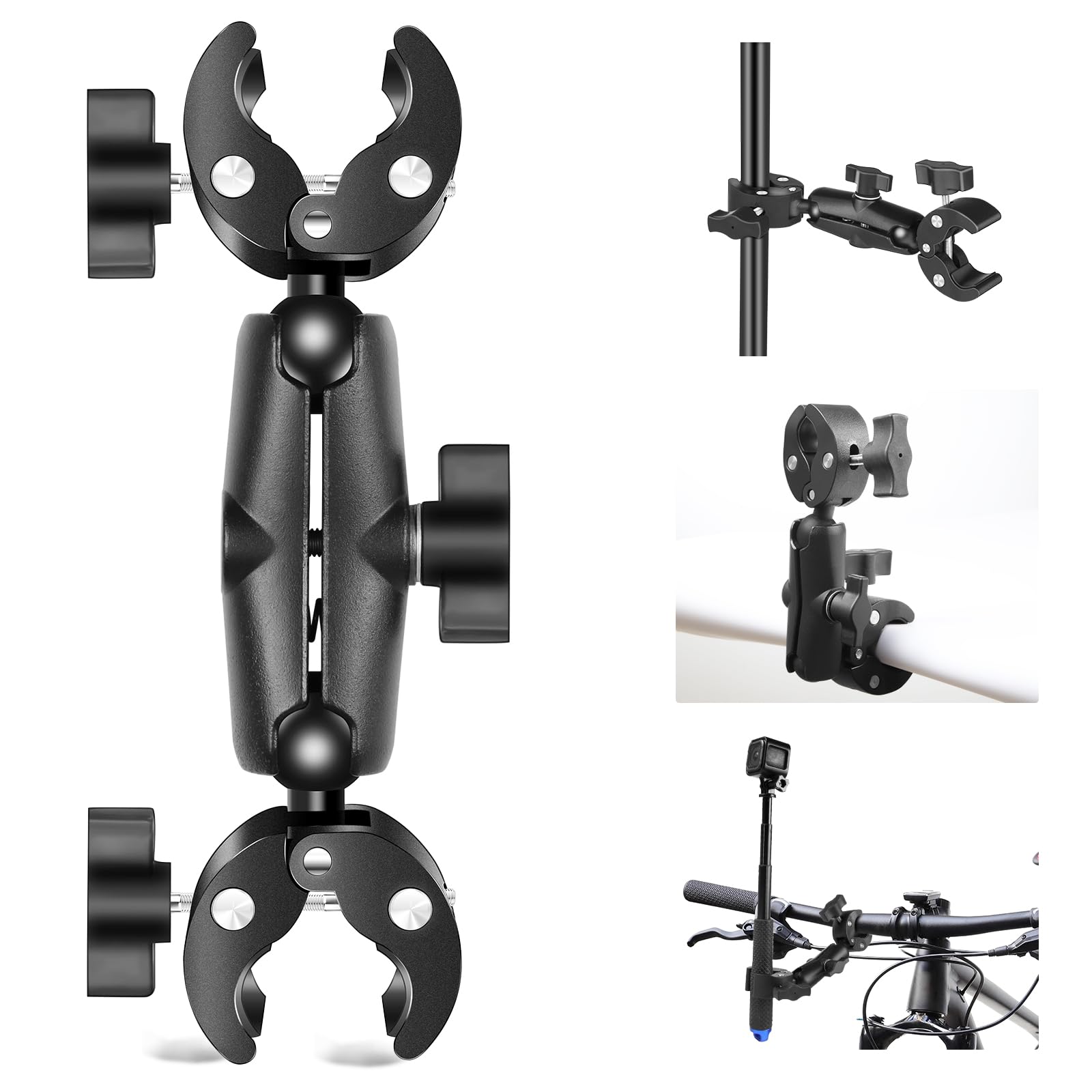 Double Super Crab Clamp Motorcycle Handlebar Tap Action Camera Pipe Pliers, 360° Rotation Ball Head Bike Fixed Claw Tablet Bracket Clamp for Umbrella Stand, Rod, Shooting Tripod, Photo Reflector