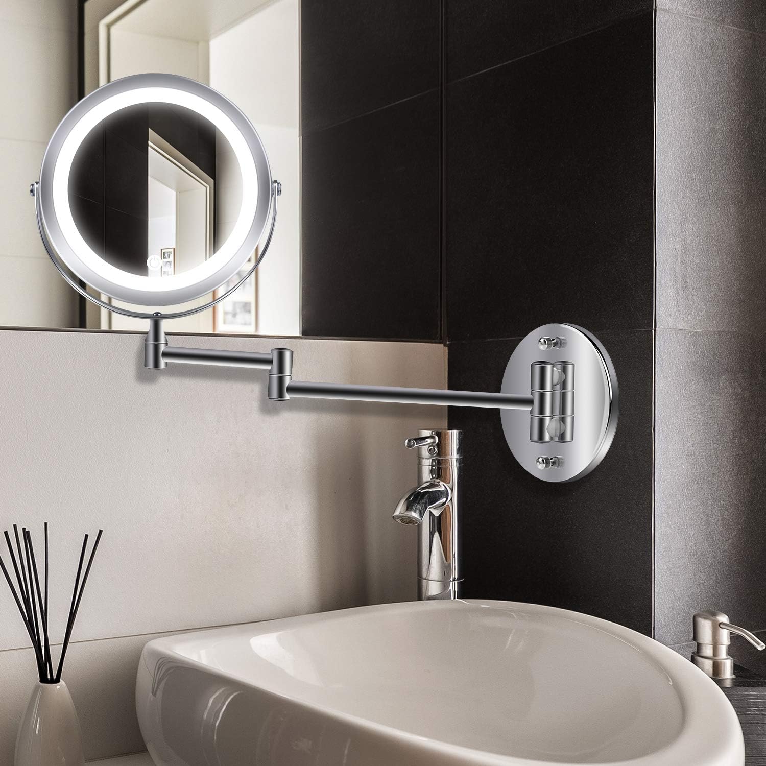 Wall Mounted Makeup Mirror, 1X/10X Magnification 360 Degree Rotation Double Sided LED Lighted Vanity Mirrors for Bathroom AC Adapter or Battery Operated: Furniture & Decor