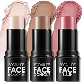 FOCALLURE 3Pcs Cream Contour Blush Highlighter Stick Set, Light-Medium | Creamy Blush Bronzer Highlighter Set, Waterproof &amp; Long-Lasting, Highly Pigmented Buildable, Light-Medium Shades 06+10+17