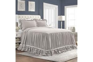 Lush Decor Ella Vintage Chic Ruffle Lace Bedspread Light Gray Farmhouse Style Lightweight 3 Piece Set King