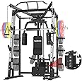 SunHome Smith Machine with 120LBS Weight Stack, Power Cage Squat Rack with Smith Bar, Two LAT Pull-Down Systems, Cable Crossover Machine and and More Cable Attachment for Home Gym