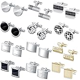 FIRAZIO 12 Pairs Cufflinks for Men Classic Tone Cuff Links Silver Black Striped Disc Square Rectangle Cuff Links Shirt Suit Men’s Cufflinks For Wedding Groom Business Elegant Gift