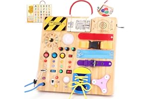 GRARAIN 23 in 1 Busy Board Montessori Toys for 1-3 Year Old Wooden Learning Educational Toy for Toddlers with 15 Switches, 26 LED Lights, Music boxes, Locks,Zippers Toddler Sensory Toys for Soothing A Baby