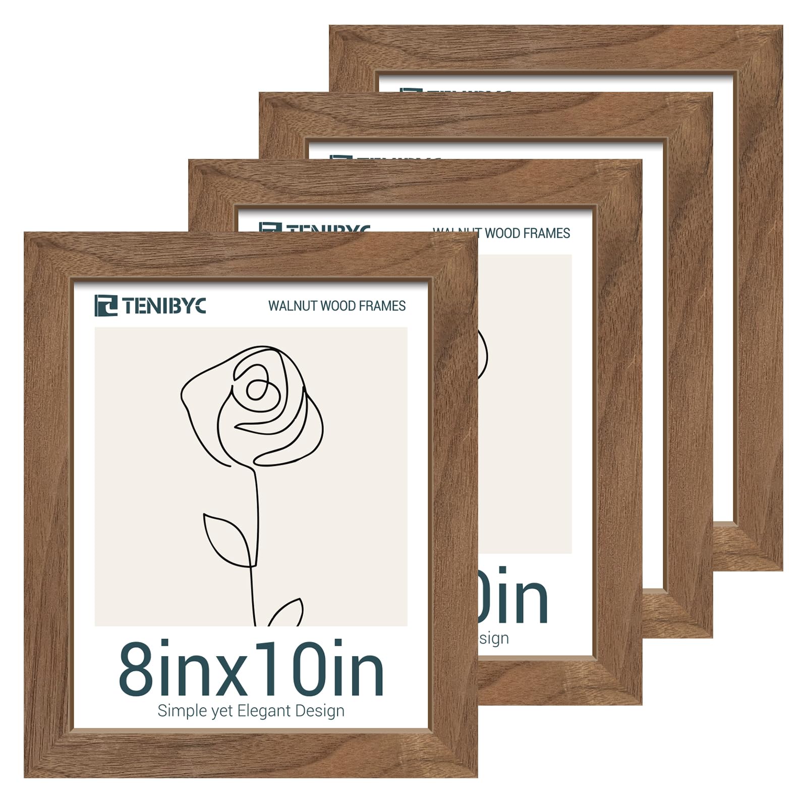 Photo 1 of TENIBYC 8x10 Picture Frame Set of 4, Brown Wood Grain, HD Tempered Glass, Natural Walnut Photo Frame, Table or Wall Display