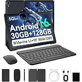 Funelse Tablet, Android 16 Tablet 10 Inch, 30GB+128GB, 8-Core, 6000mAh | 10 Inch Android tablet,1280*800 HD IPS,Widevine L1,Dual Camera,Dual Stereo Speaker,Fast Charging,Face Unlock,Black