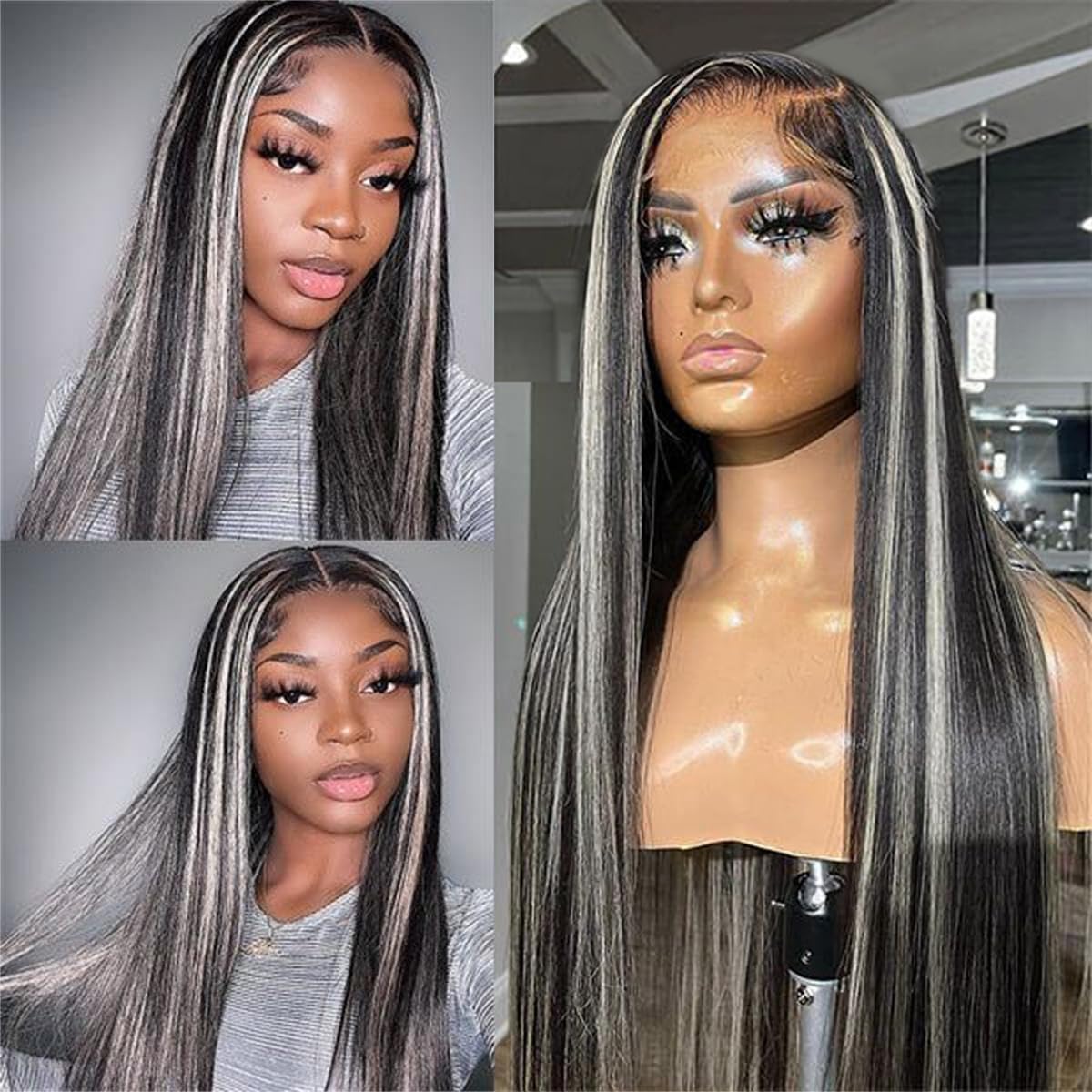 Photo 1 of 13x4 Grey Balayage Human Hair Wigs 150% Density HD Transparent Natural Black with Silver Highlight Silky Straight Ombre Lace Front Wig Human Hair 30 inch Long Black with Grey Highlights Wig