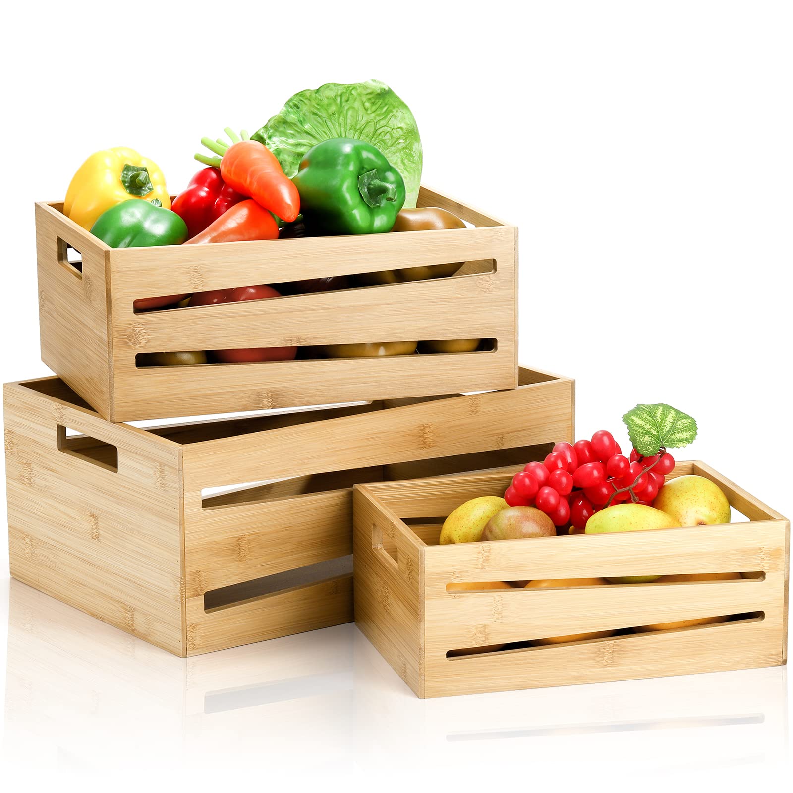 Photo 1 of AVLA 3 Pack Bamboo Storage Crates, Nesting Decorative Storage Organizer Box, Vintage Container Bin with Handles, Countertop Baskets Display Risers for Home, Kitchen Pantry Cabinet, Shelf, Counter