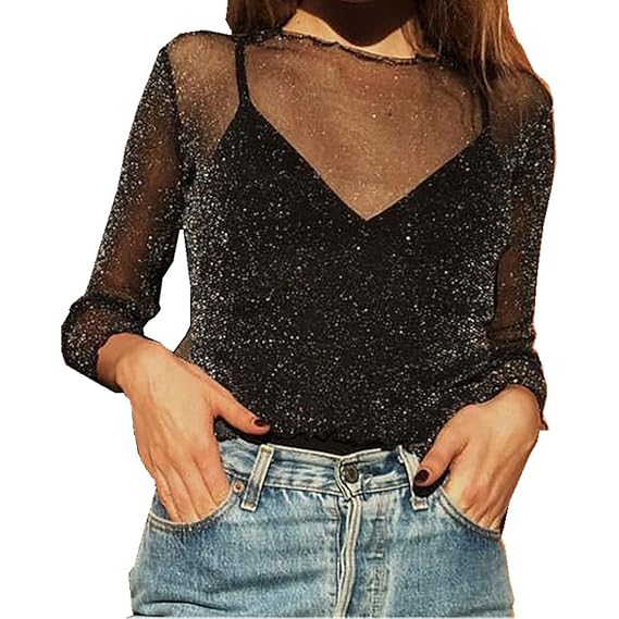 Brawdress T-Shirt Damen, Mädchen Glitzer Perspektive Glanz Bluse Night Club Outfit Party Schwarz
