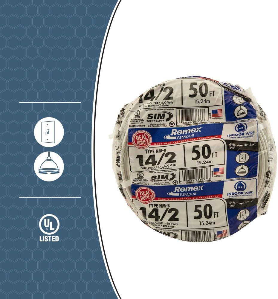 Southwire 28827422 50' 14/2 with ground Romex brand SIMpull residential indoor electrical wire type NM-B, White - Electrical Wires - 