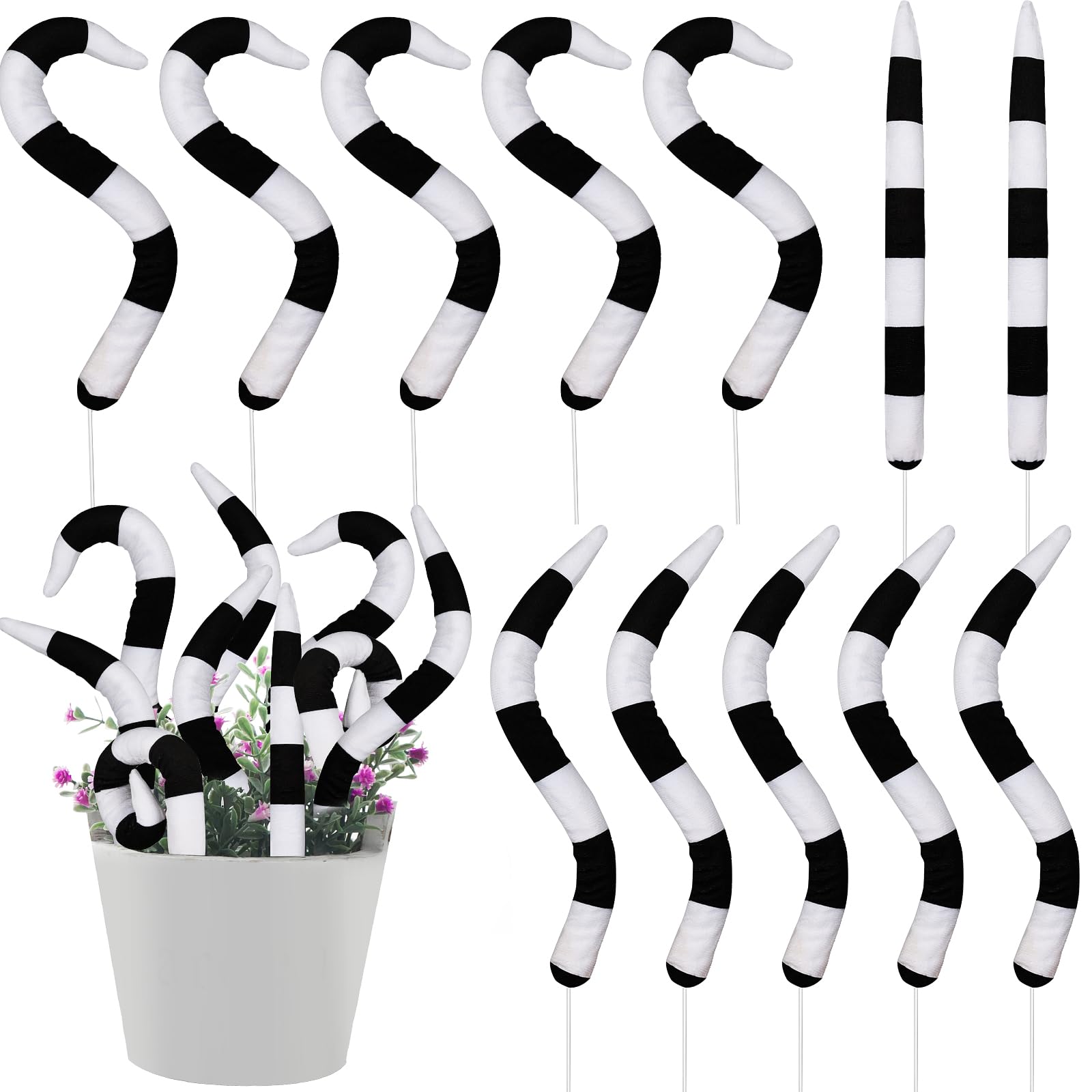 Photo 1 of 12 Pcs 12 Inch Nightmare Christmas Tree Branch Picks Sandworm Decoration Freely Curving Black and White Striped Sticks for Xmas Holiday Party