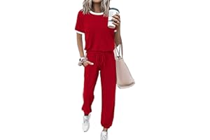 MASCOMODA Womens 2 Piece Outfits 2025 Summer Tracksuit Sets Short Sleeve Tops Travel Long Pants Jogger Lounge Set