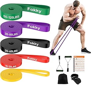 Fokky Fitnessbänder Widerstandsbänder mit 5 Stufen, Resistance Bands mit Türanker, 2*Griffen, Übungsanleitung&Tragebeutel, Gymnastikband Klimmzugband Fitnessband für Muskelaufbau,Yoga,Pilates 5er Set