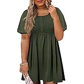 Beautife Women's Plus Size Smocked Summer Dress Casual Button Puff Sleeve Scoop Neck A-Line Beach Mini Dress