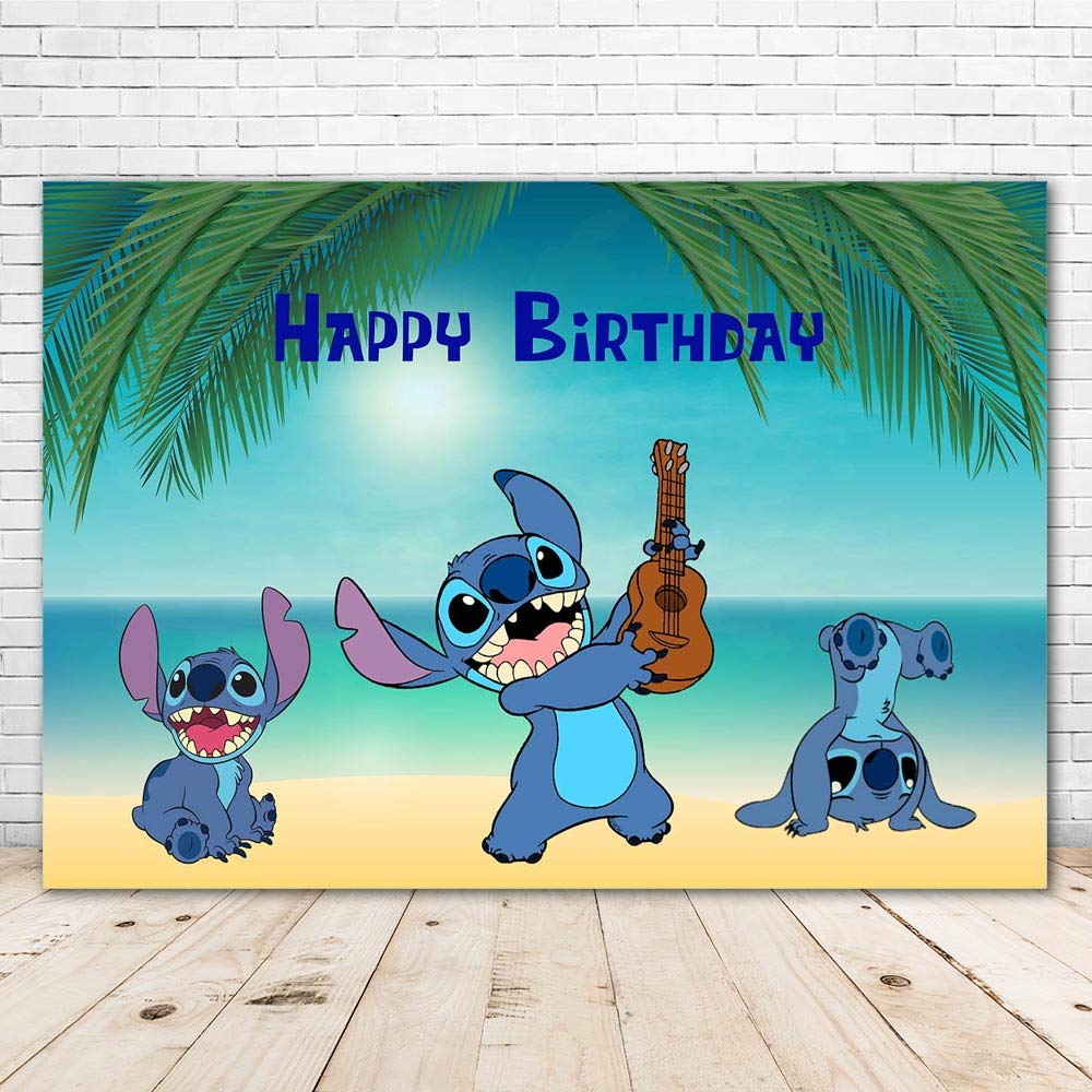 Photo 1 of Happy Birthday Stitch Backdrop 7x5 Tropical Luau Background Cartoon Monster Stitch Background for Baby Shower Summer Beach Backdrops for Kids Party