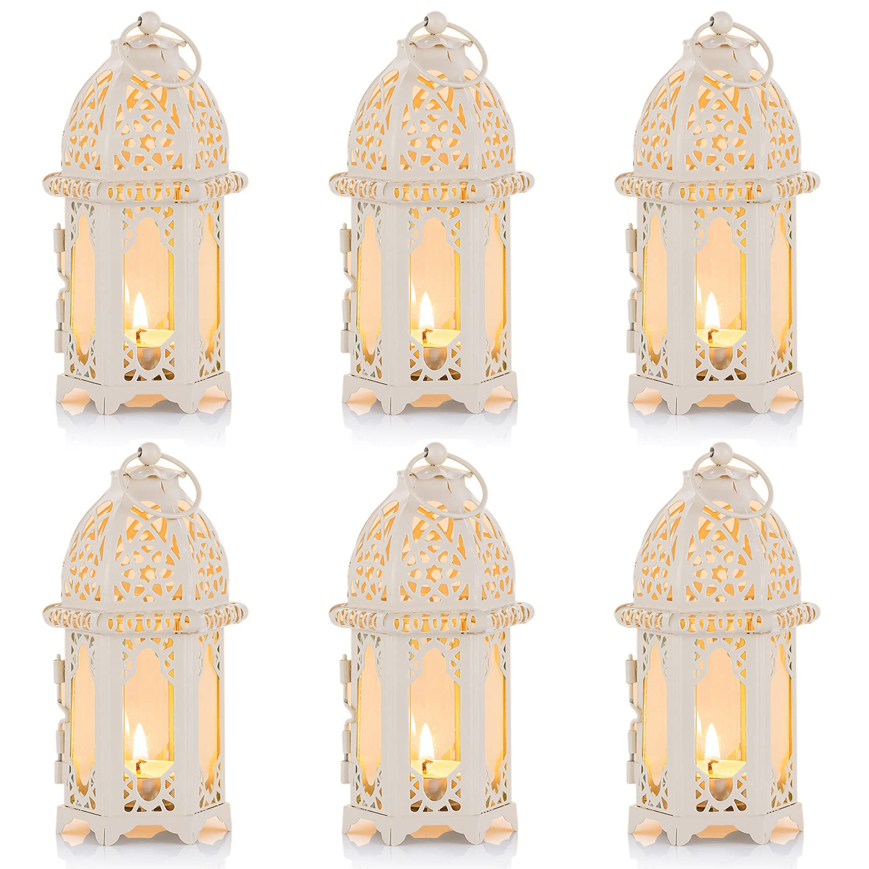 NUPTIO 6 Pcs Moroccan Style Candle Lantern - Small Sized Tealight Candle Holder with Transparent Glass Panels Great for Patio, Indoors/Outdoors, Events, Parties and Weddings, White