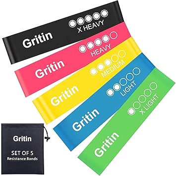 Gritin Fitnessbänder, [5er Set] Widerstandsbänder Gymnastikband aus ungiftigem Naturlatex Elastisch Fitness Band mit Tasche, 