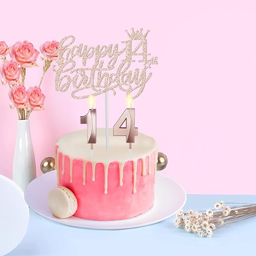 Happy 14th Birthday Cake Topper - Pink Glitter Crown Queen Sign | 14 Year Old Girl Party Decorations