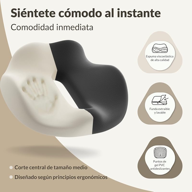 Almofada de cadeira de escritório, almofada ergonómica de espuma viscoelástica para o cóccix, almofada ideal para cadeira de computador, jogos e carro, capa lavável, preta, 44×37x10,5 cm — foto 8 de 8