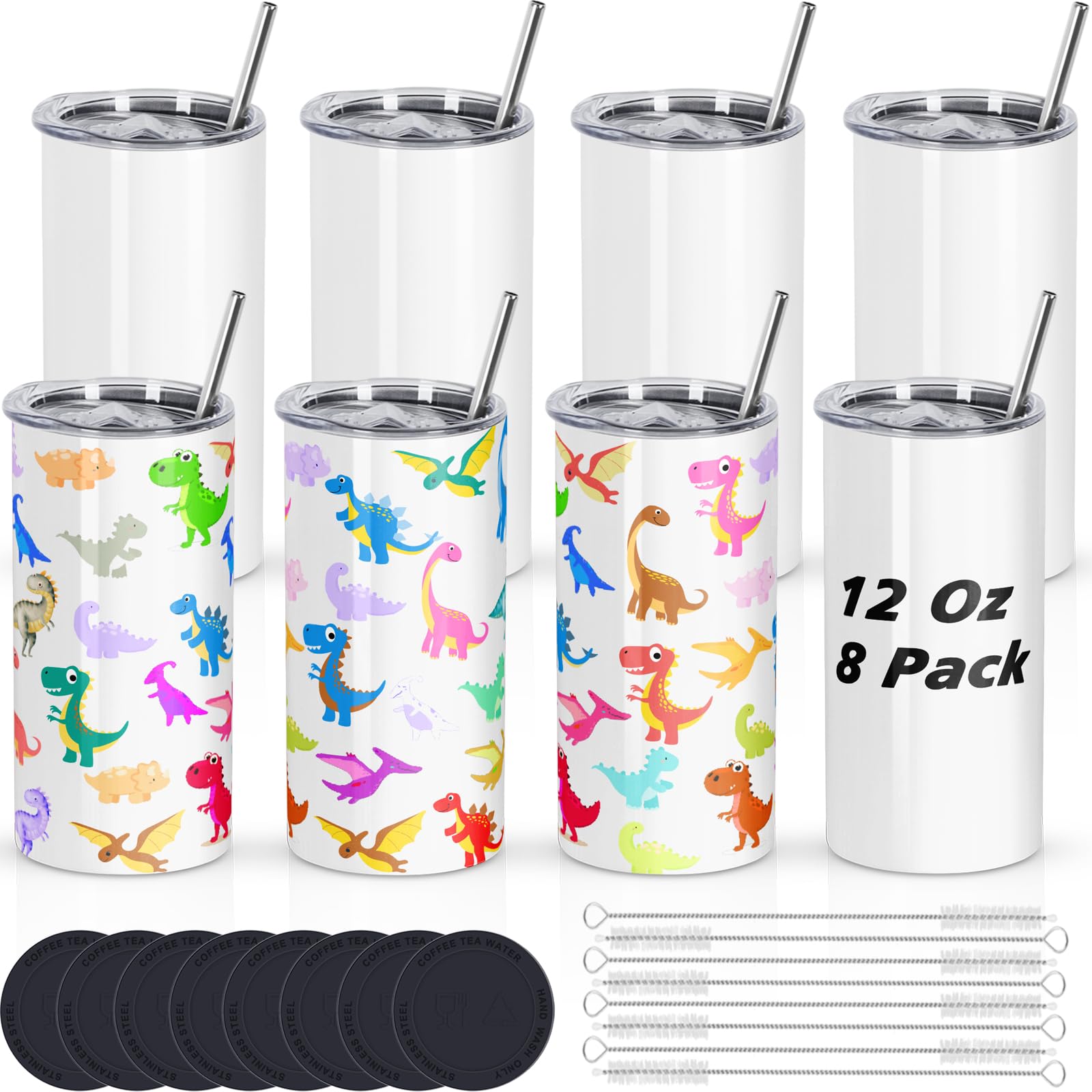 Photo 1 of ***MISSING 3 CUPS AND ALL STRAWS***Draheri 12 Oz Sublimation Tumblers Blanks Bulk, Sublimation Cups for Kid with Straw and Brush, Stainless Steel Double Wall Insulated Mugs, Individually Boxed (8 Pack)