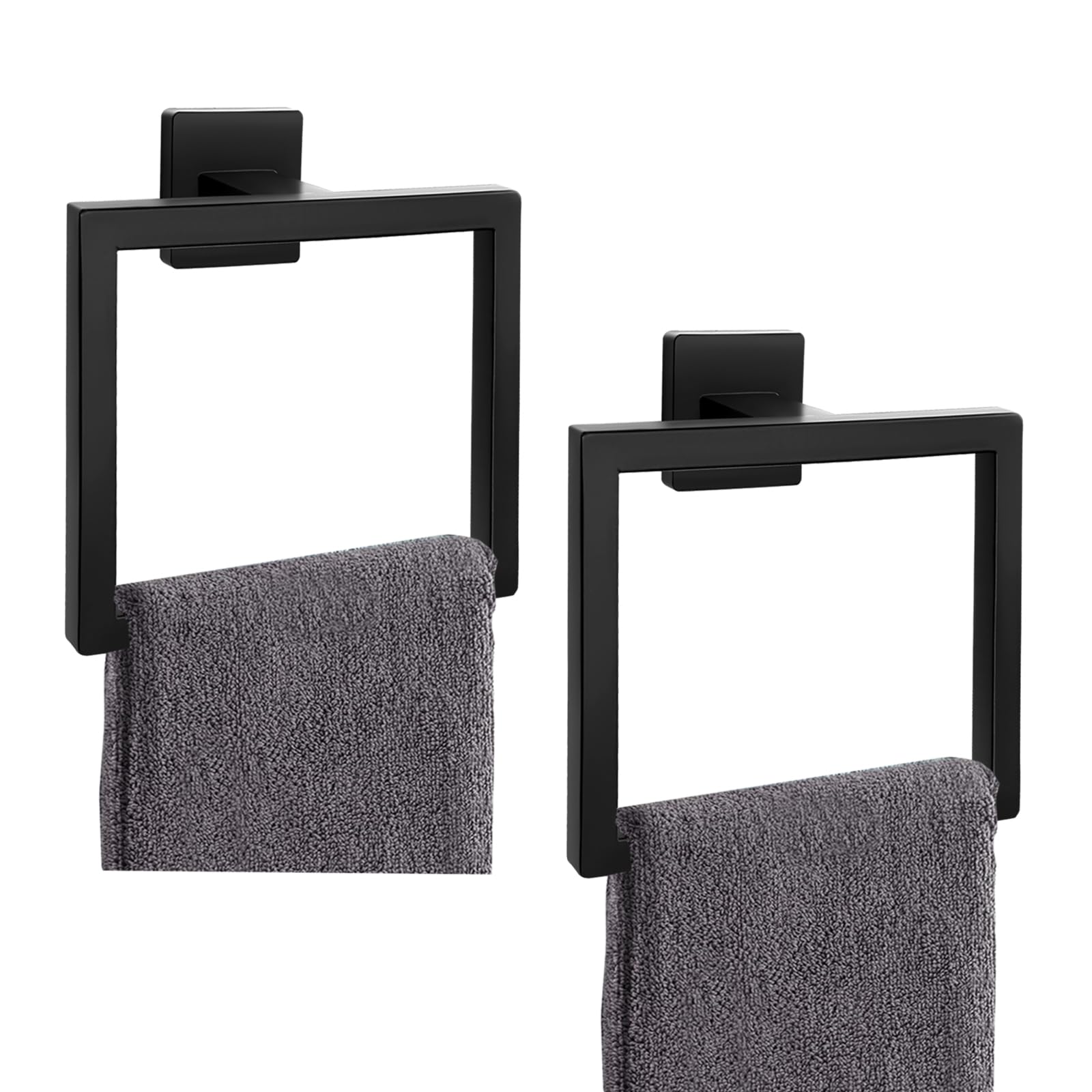 Photo 1 of 2-Piece Matte Black Square Towel Ring,Modern Hand Towel Holder for Bathroom,Stainless Steel Towel Hangers Wall-Mounted Bathroom Accessories