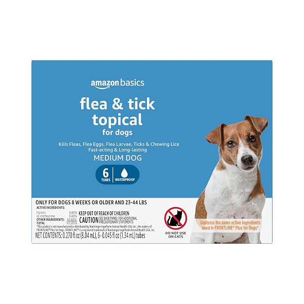AMAZON BASICS FLEA AND TICK TOPICAL TREATMENT FOR MEDIUM DOGS (23-44 POUNDS), 6 COUNT (PREVIOUSLY SOLIMO)